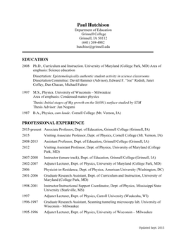 Paul Hutchison Department of Education Grinnell College Grinnell, IA 50112 (641) 269-4882 Hutchiso@Grinnell.Edu