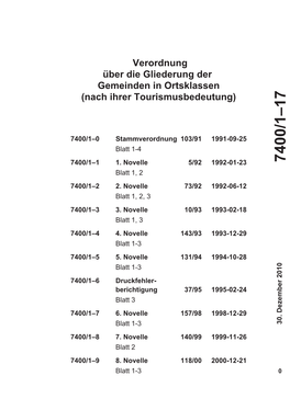 Verordnung Über Die Gliederung Der Gemeinden in Ortsklassen (Nach Ihrer Tourismusbedeutung)