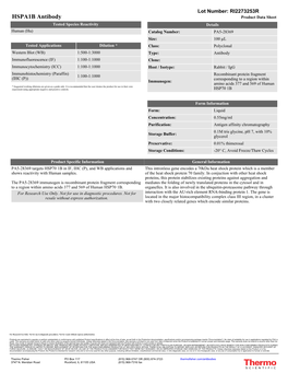 HSPA1B Antibody Product Data Sheet Tested Species Reactivity Details Human (Hu) Catalog Number: PA5-28369