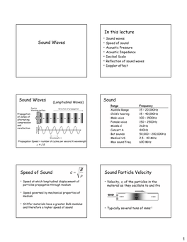 Sound Waves Sound Waves • Speed of Sound • Acoustic Pressure • Acoustic Impedance • Decibel Scale • Reflection of Sound Waves • Doppler Effect