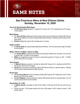 San Francisco 49Ers at New Orleans Saints Sunday, November 15, 2020