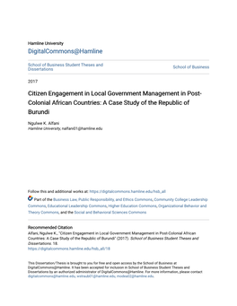 Citizen Engagement in Local Government Management in Post- Colonial African Countries: a Case Study of the Republic of Burundi