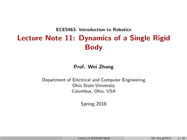 Introduction to Robotics Lecture Note 11: Dynamics of a Single Rigid Body