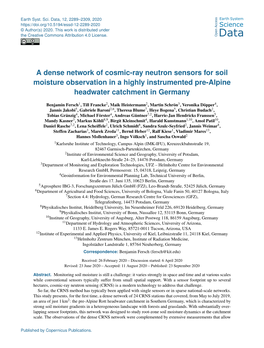 A Dense Network of Cosmic-Ray Neutron Sensors for Soil Moisture Observation in a Highly Instrumented Pre-Alpine Headwater Catchment in Germany