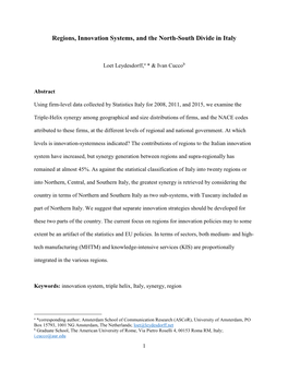 Regions, Innovation Systems, and the North-South Divide in Italy