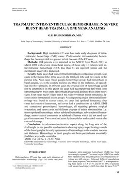 Traumatic Intraventricular Hemorrhage in Severe Blunt Head Trauma: a One Year Analysis