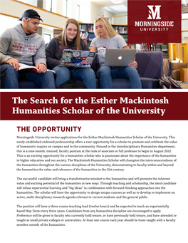 The Search for the Esther Mackintosh Humanities Scholar of the University