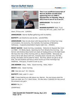 2013-05-06 Warren Buffett Squawk Box Transcript