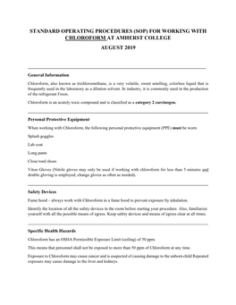 Standard Operating Procedures (Sop) for Working with Chloroform at Amherst College August 2019