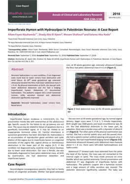 Imperforate Hymen with Hydrocolpos in Palestinian Neonate: a Case Report Allam Fayez Abuhamda1*, Shady Abu El Ajeen2, Wesam Shaltout2 and Salama Abu Nada3