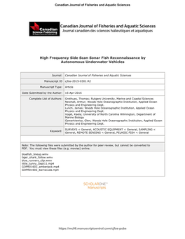 High Frequency Side Scan Sonar Fish Reconnaissance by Autonomous Underwater Vehicles