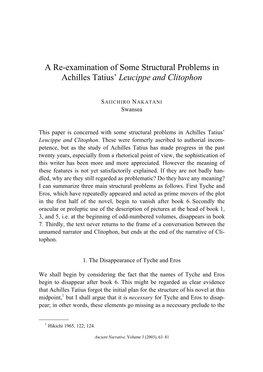 A Re-Examination of Some Structural Problems in Achilles Tatius’ Leucippe and Clitophon