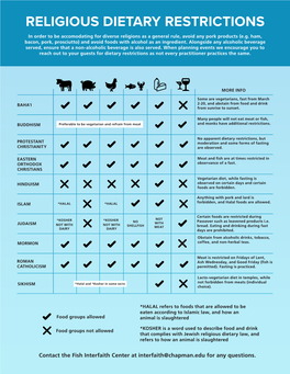 RELIGIOUS DIETARY RESTRICTIONS in Order to Be Accomodating for Diverse Religions As a General Rule, Avoid Any Pork Products (E.G