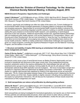 Abstracts from the Division of Chemical Toxicology for the American Chemical Society National Meeting in Boston, August, 2010