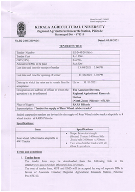 KERALA AGRICULTURAL UNIVERSITY Ffie Regional Agricultural Research Station, Pilicode W Kasaragod Dist - 671310 No.B2-2445L2019 (I9 Dated: 03.08.2021 TENDER NOTICE