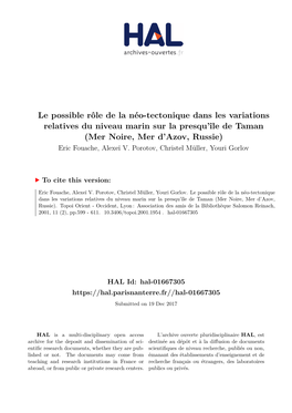 Le Possible Rôle De La Néo-Tectonique Dans Les Variations Relatives Du Niveau Marin Sur La Presqu'île De Taman