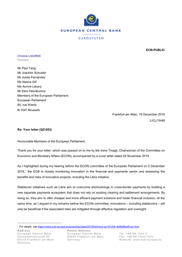 Letter from the ECB President to Mr Paul Tang, Mr Joachim Schuster, Mr Jonás Fernández, Ms Neena Gill, Ms Aurore Lalucq and Mr