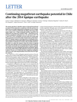 Continuing Megathrust Earthquake Potential in Chile After the 2014 Iquique Earthquake