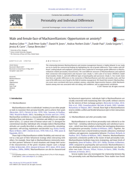 Male and Female Face of Machiavellianism: Opportunism Or Anxiety?