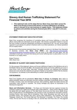 Slavery and Human Trafficking Statement for Financial Year2018