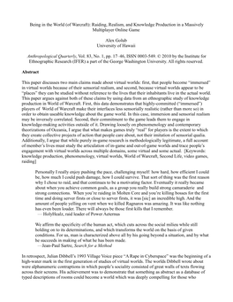 Being in the World (Of Warcraft): Raiding, Realism, and Knowledge Production in a Massively Multiplayer Online Game