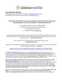 A Pay-Per-View Performance by the Charles Lloyd Ocean Trio Featuring Gerald Clayton and Anthony Wilson on Friday, October 23