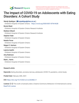 The Impact of COVID-19 on Adolescents with Eating Disorders: a Cohort Study