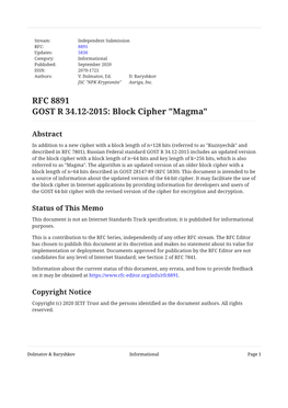 GOST R 34.12-2015: Block Cipher "Magma"