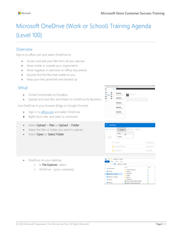 Microsoft Onedrive (Work Or School) Training Agenda (Level 100)