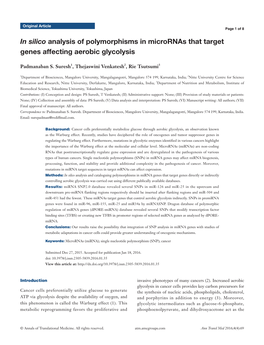 In Silico Analysis of Polymorphisms in Micrornas That Target Genes Affecting Aerobic Glycolysis