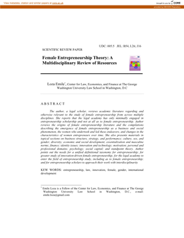 Female Entrepreneurship Theory: a Multidisciplinary Review of Resources