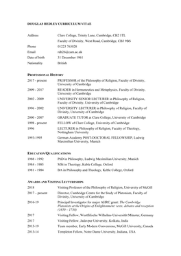 Douglas Hedley's CV