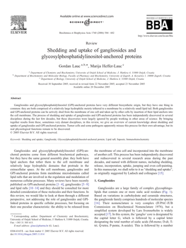 Shedding and Uptake of Gangliosides and Glycosylphosphatidylinositol-Anchored Proteins ⁎ Gordan Lauc A,B, , Marija Heffer-Lauc C