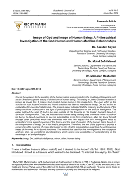 Image of God and Image of Human Being: a Philosophical Investigation of the God-Human and Human-Machine Relationships