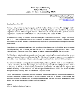 Master of Science in Accounting (MSA) ______Office of Graduate Business Programs Phone: (936) 261‐9215 Email: Msa@Pvamu.Edu
