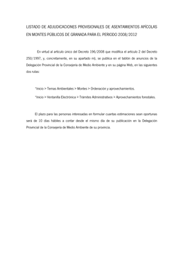 Listado De Adjudicaciones Provisionales De Asentamientos Apícolas En Montes Públicos De Granada Para El Periodo 2008/2012