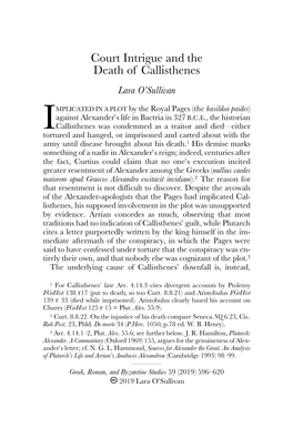 Court Intrigue and the Death of Callisthenes Lara O’Sullivan