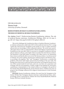 409 Thomas Frank University of Aarhus, Denmark REDISCOVERING RUSSIAN-SCANDINAVIAN RELATIONS: the ROLE of MEDIEVAL RUSSIAN WATERW