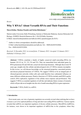 Why Y Rnas? About Versatile Rnas and Their Functions