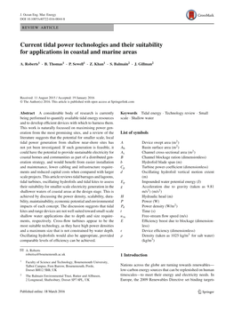 Current Tidal Power Technologies and Their Suitability for Applications in Coastal and Marine Areas