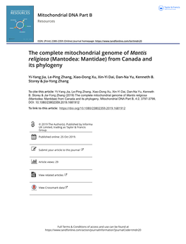 The Complete Mitochondrial Genome of Mantis Religiosa (Mantodea: Mantidae) from Canada and Its Phylogeny