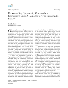 Opportunity Costs and the Economist’S View: a Response to “The Economist’S Fallacy”