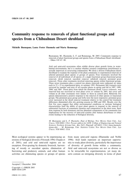 Community Response to Removals of Plant Functional Groups and Species from a Chihuahuan Desert Shrubland