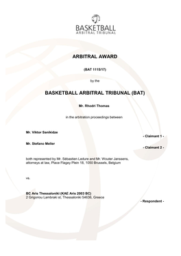 Arbitral Award Basketball Arbitral Tribunal (Bat)