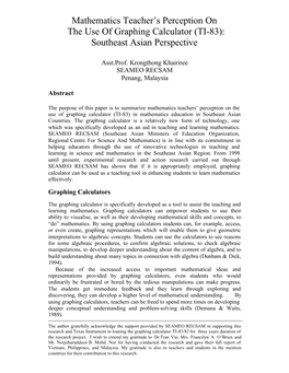 Mathematics Teacher's Perception on the Use of Graphing Calculator (TI