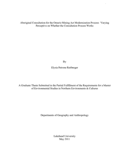 Aboriginal Consultation for the Ontario Mining Act Modernization Process: Varying Perspectives on Whether the Consultation Process Works