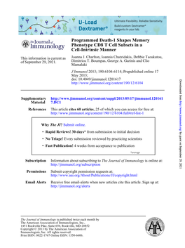 Cell-Intrinsic Manner Phenotype CD8 T Cell Subsets in a Programmed Death-1 Shapes Memory