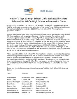 Nation's Top 20 High School Girls Basketball Players Selected for WBCA High School All-America Game 2002-03 021903
