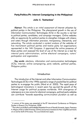 Abstract: This Article Is an Initial Assessment of Internet Utilization by Political Parties in the Philippines