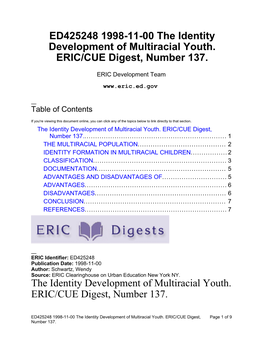 ED425248 1998-11-00 the Identity Development of Multiracial Youth